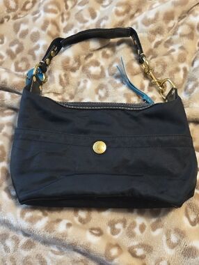 Coach Black Shoulder Bag with Blue Trim and Gold Hardware
